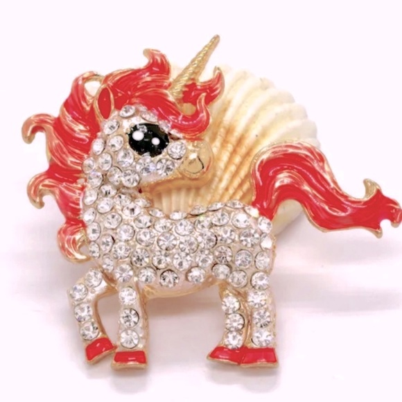 Source Unknown Jewelry - Precious Pink & White Enamel & Crystal Unicorn Necklace Brooch